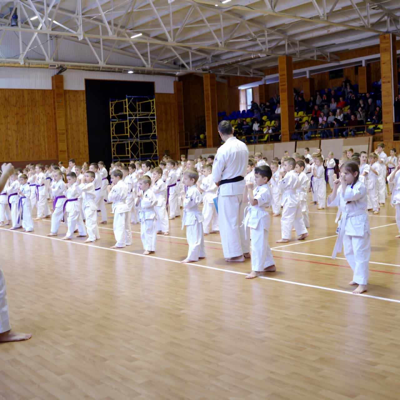 Big group of little kids having karate master class. Children repeat after their male coaches. Spectators sitting in the gym at backdrop
