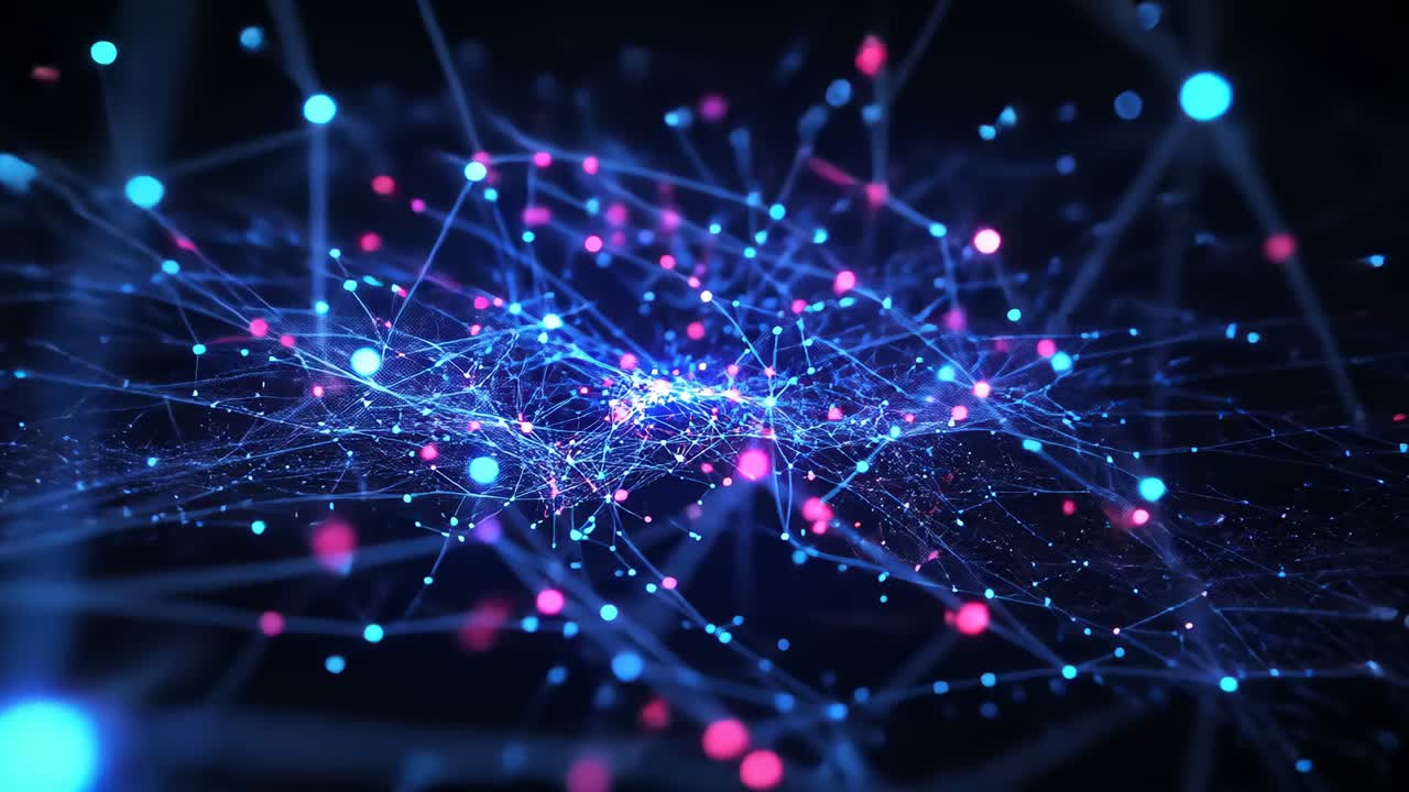 Camera zooming over digital void, glowing blue and pink nodes pulsing amid thin lines and filaments