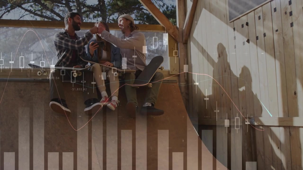 Animation of data processing over diverse friends in skatepark