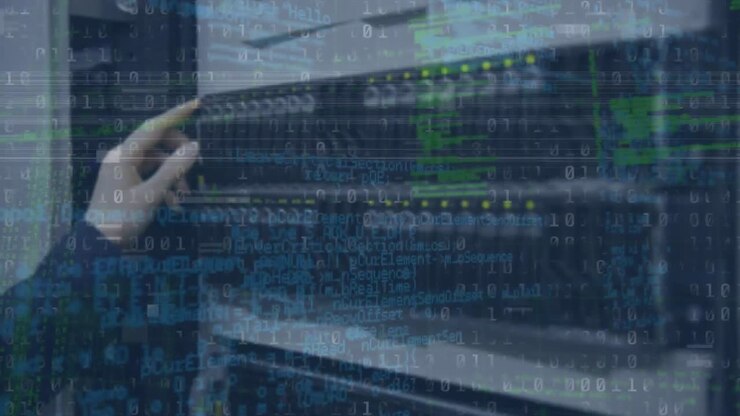 Animation of light spots and data processing over hand of caucasian woman in server room