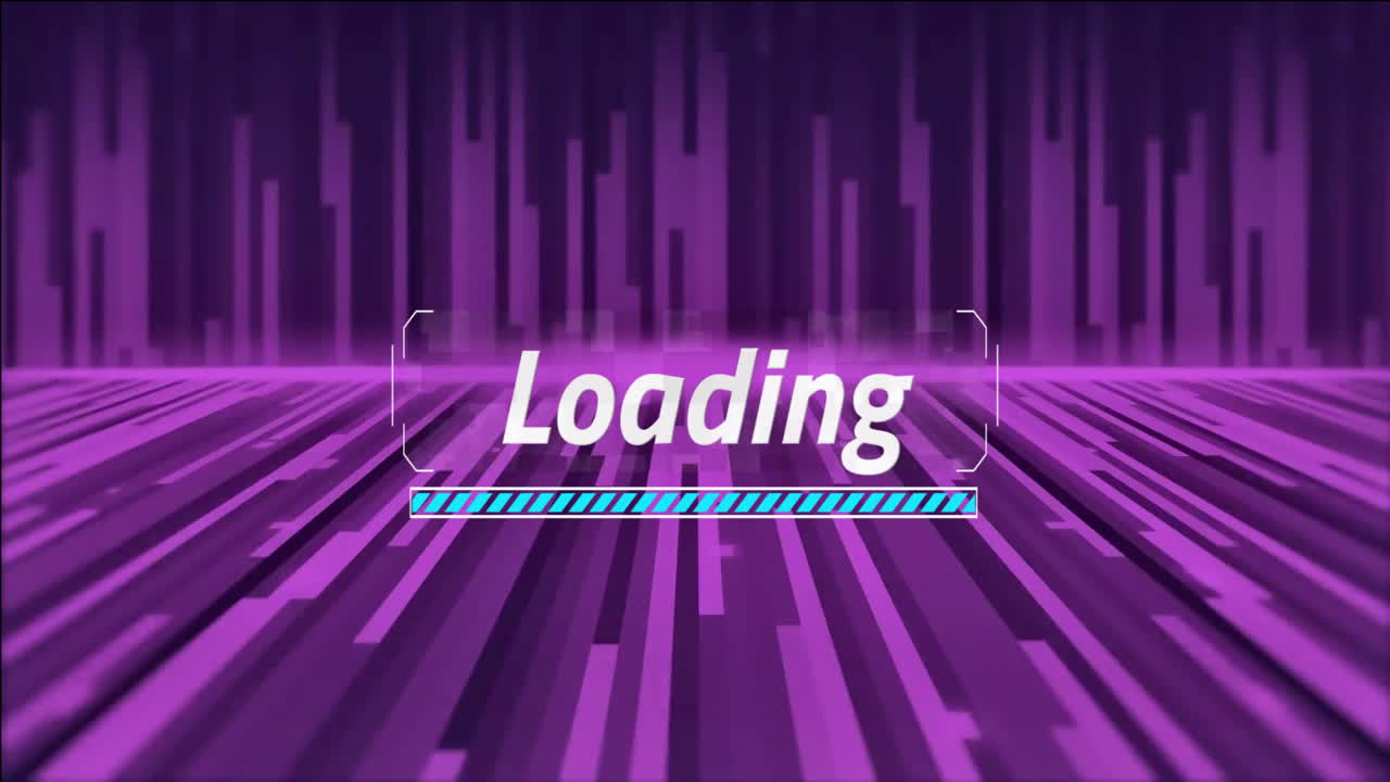 Animation of loading text and data processing over vibrant background