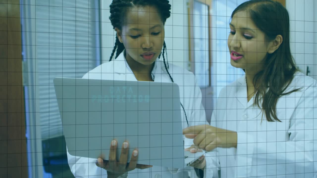 Two doctors with laptop checking health data in hall, senior tapping screen for review, HUD rising
