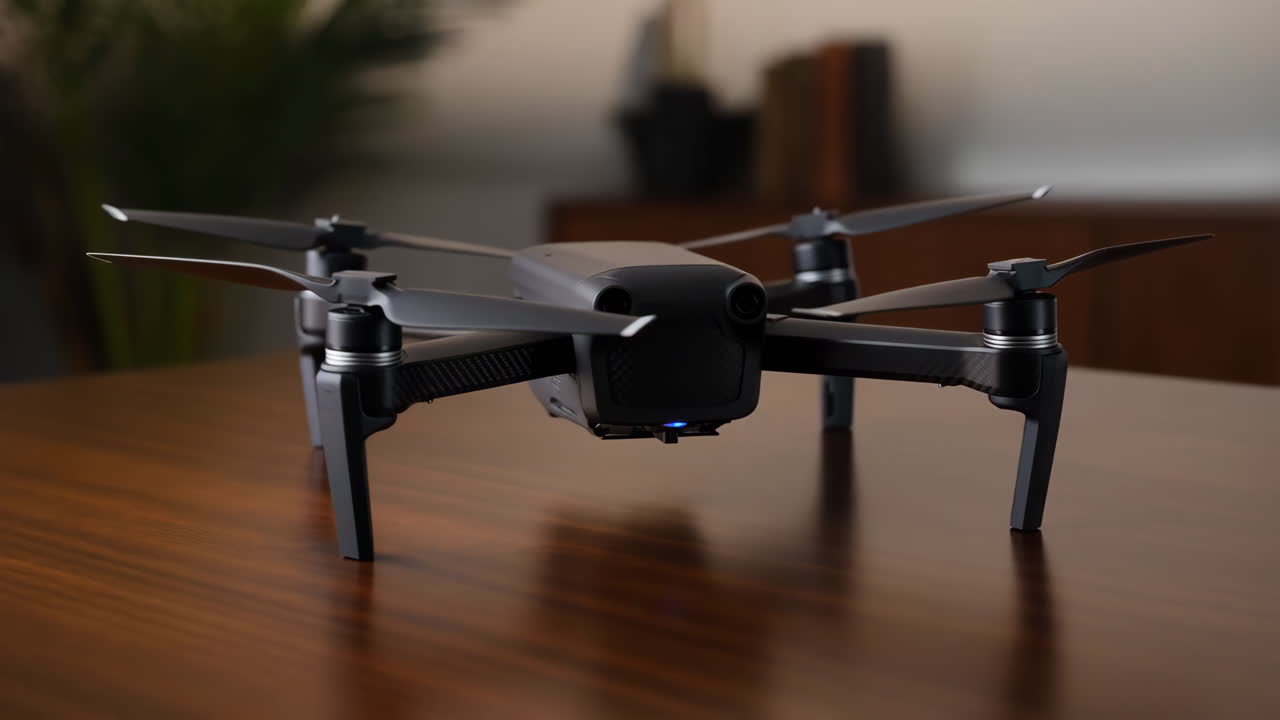 Modern Black Drone on a Wooden Table