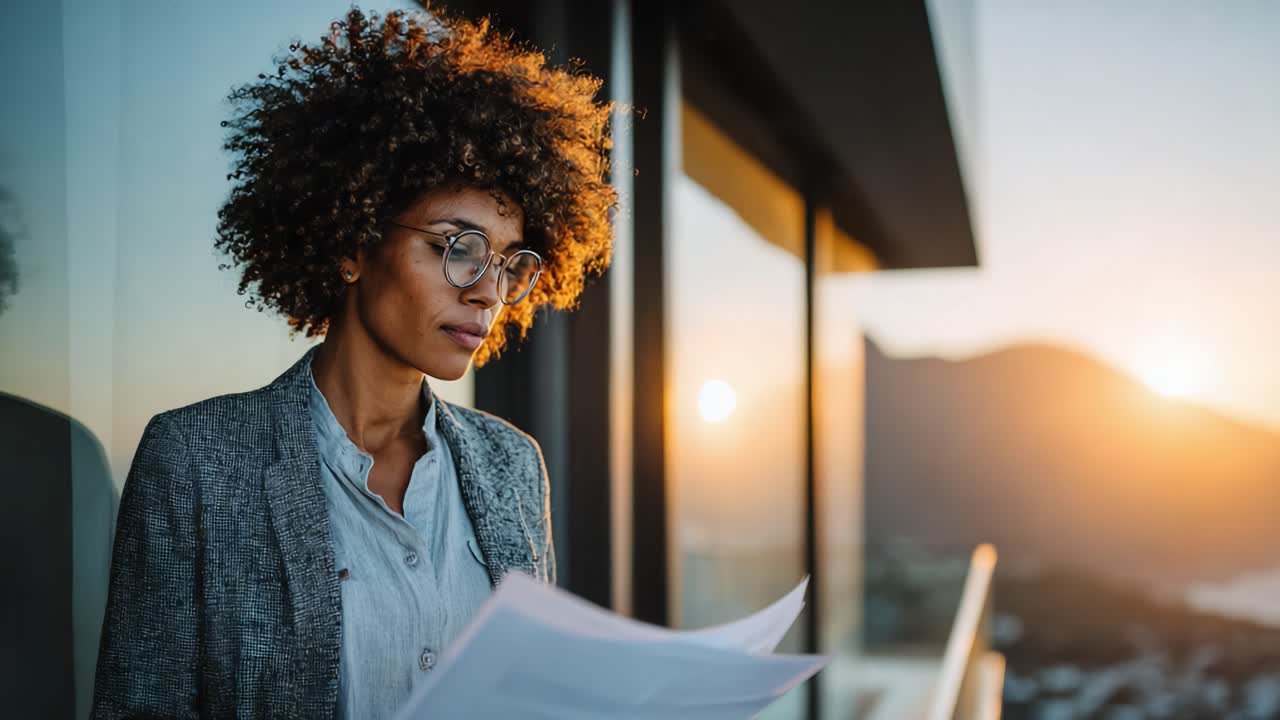 Focused Professional Reviewing Documents During a Stunning Sunset, Exuding Confidence and Determination While Surrounded by Urban Landscape