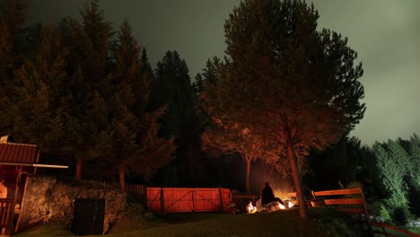 group of friends sitting around the campfire in a campground near the forest on a beautiful night