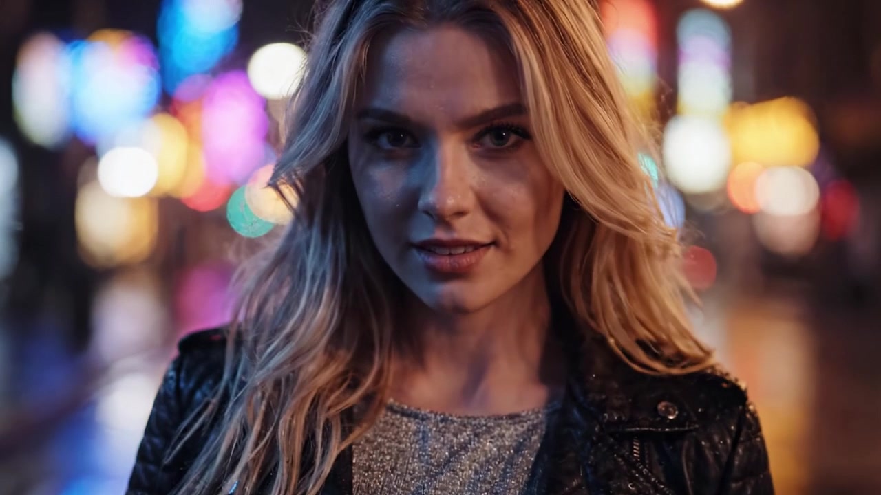 Un ritratto notturno di una giovane donna con capelli lunghi e una giacca di pelle, che esprime sicurezza contro uno sfondo urbano vivace illuminato da luci colorate.