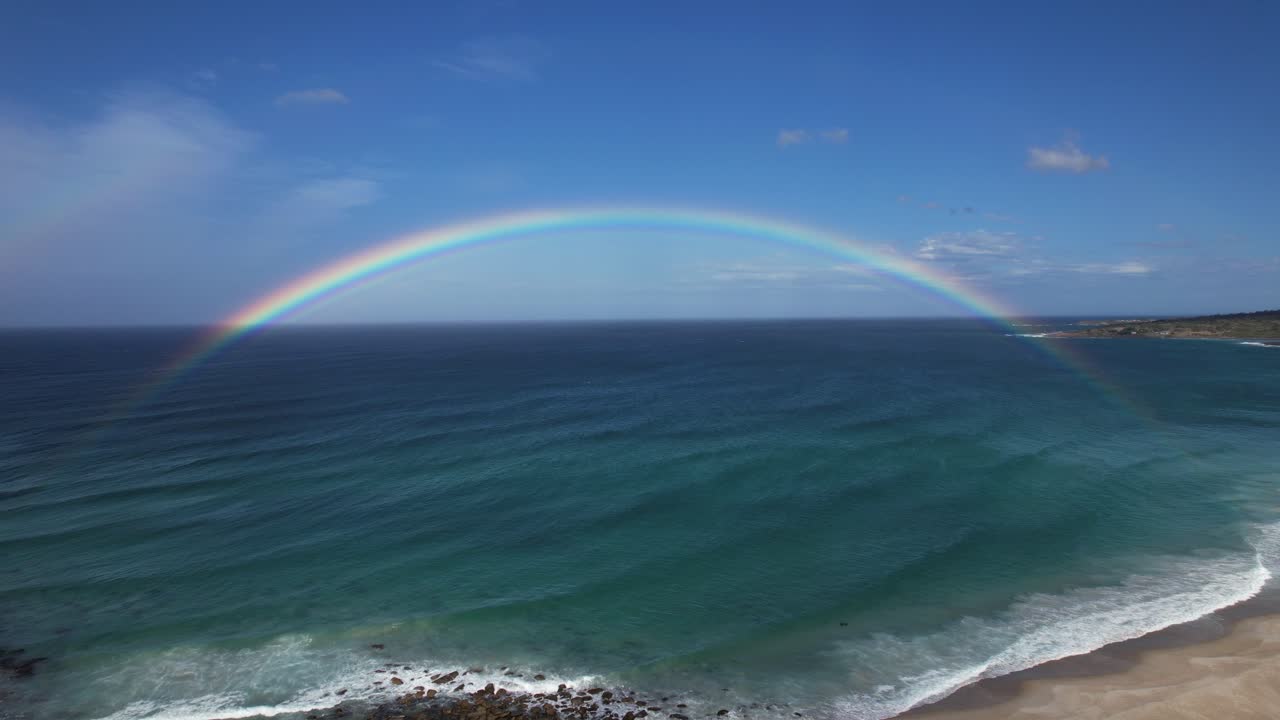 Beautiful Rainbow, Bay Of Fires In Tasmania, Australia - Drone Shot