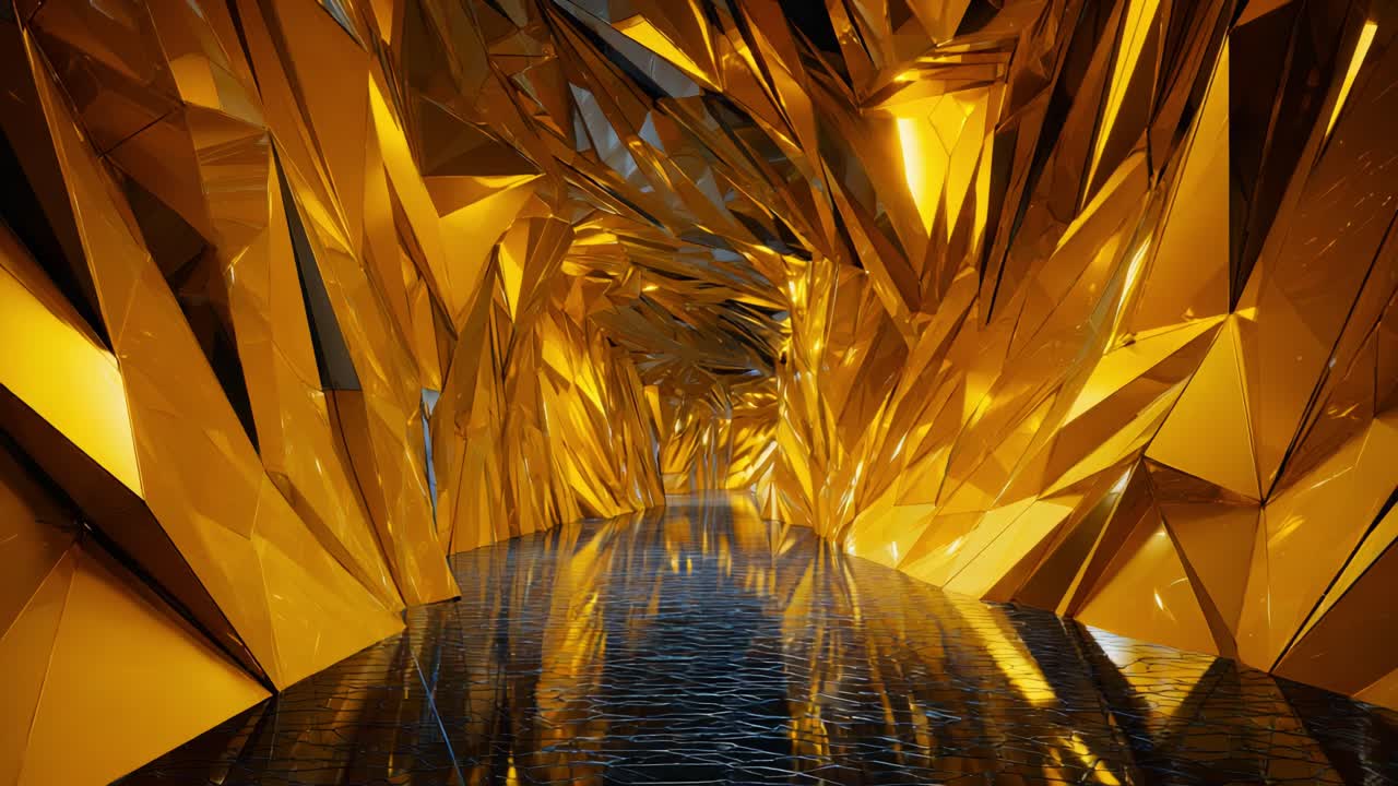 A Stunning Journey Through a Golden Prism Tunnel: Radiant Lights Reflecting Off Luminous Surfaces and Abstract Geometric Shapes Creating an Enchanting Atmosphere of Wonder