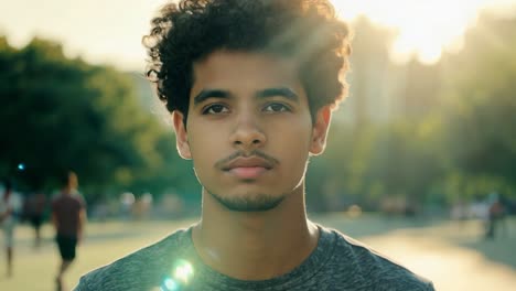 a young man with curly hair looks directly at the camera with a serious expression.