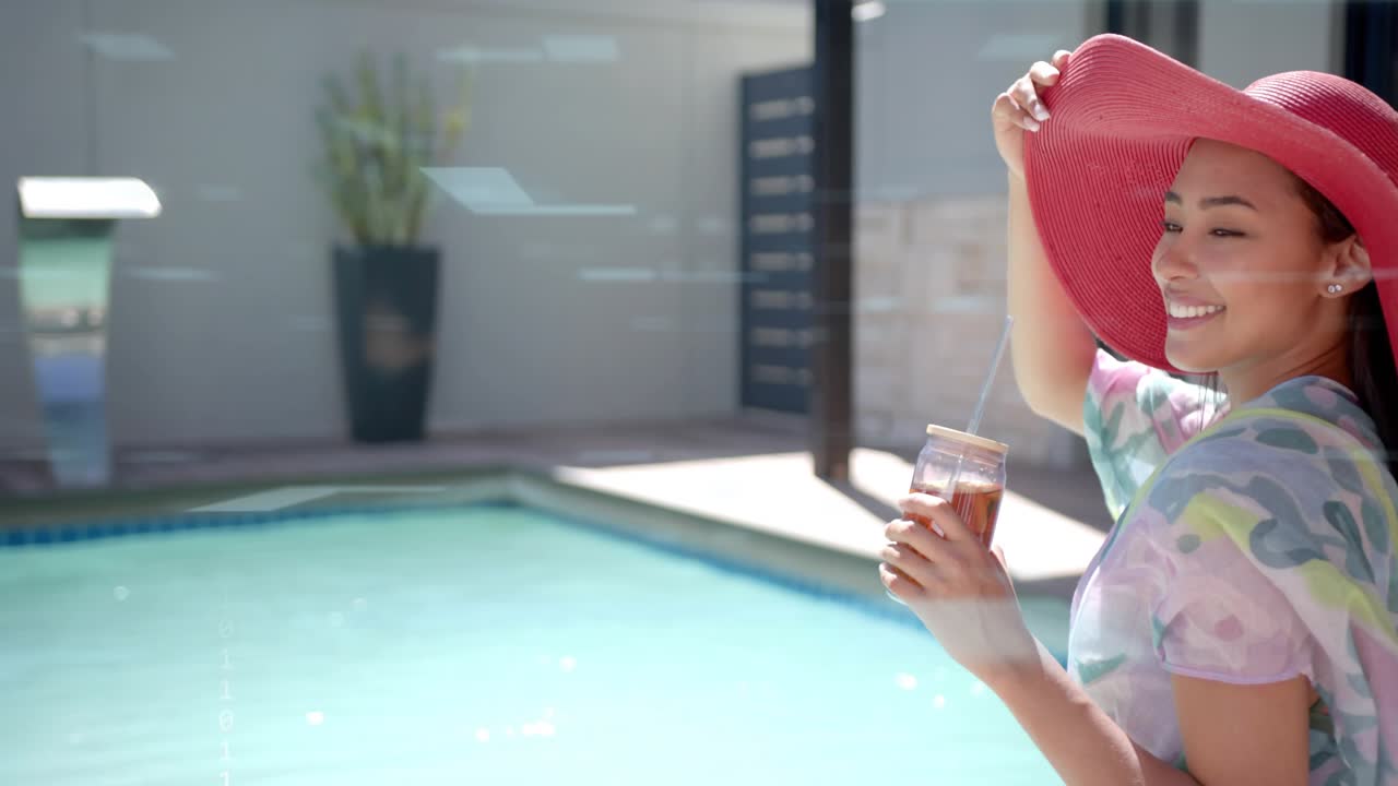 Woman holding jar tilting pink hat pool, frames playing cloud overlay for tech demo hiding fading