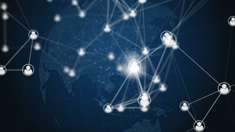 icons of internet users connected to global network by lines on blurred background of earth globe. dark blue looped animation. social network connections.