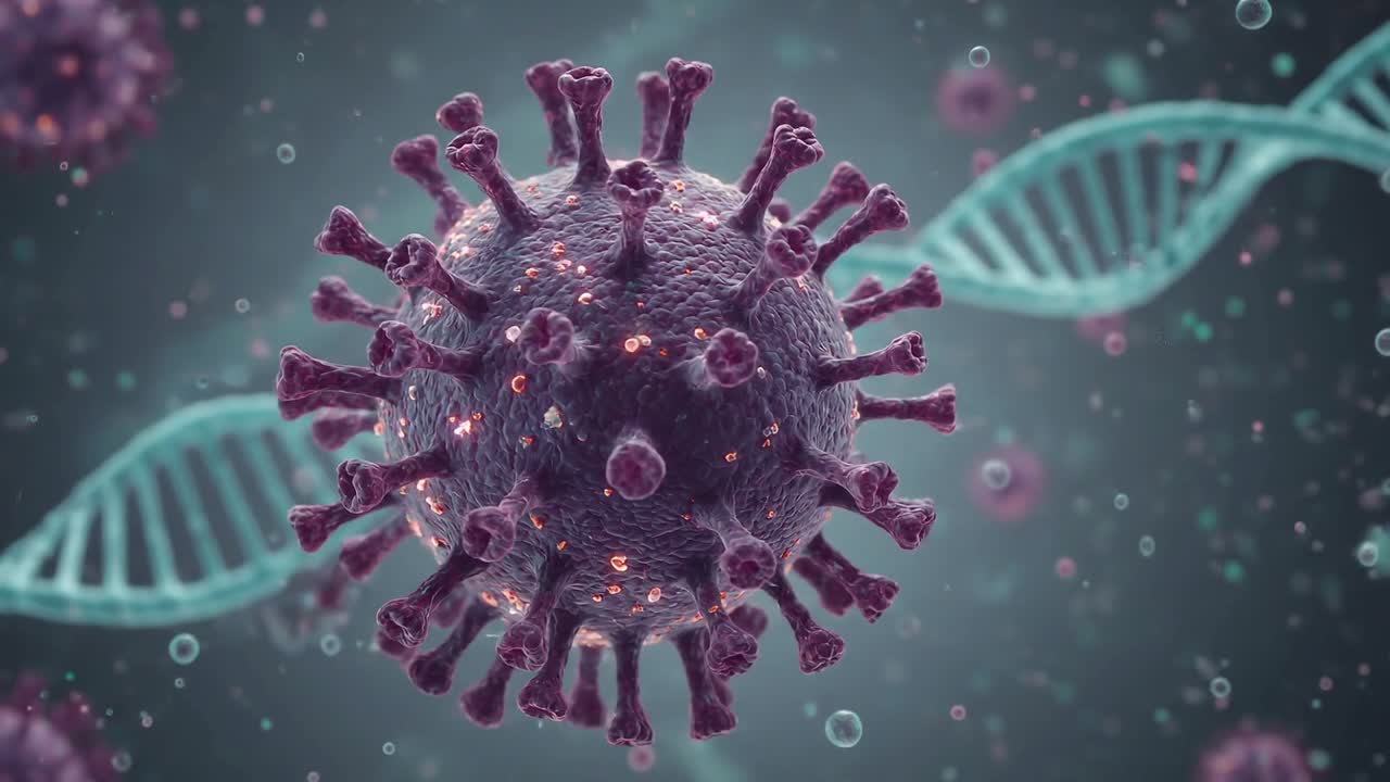 Viruspartikel med pigge, der svæver nær DNA-strenge, der repræsenterer infektionsmikrobiologi og sygdomsforskningskoncept
