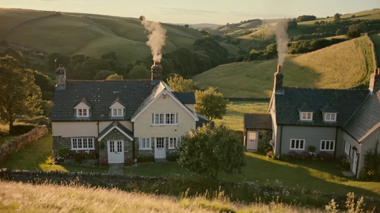 Starting camera panning across valley cottages revealing grassy meadow with smoke drifting