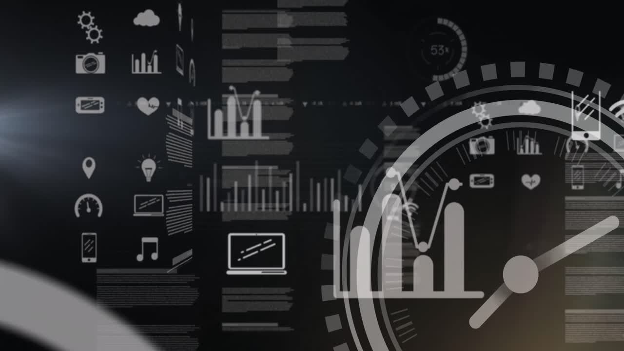 Animation of media icons and processing data on interface with black background