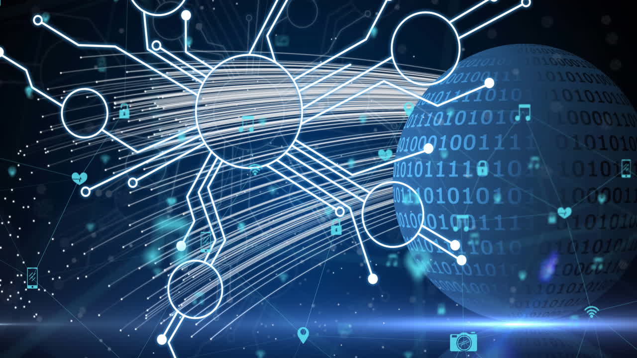 Animation of microprocessor connections over binary coding over globe against blue background