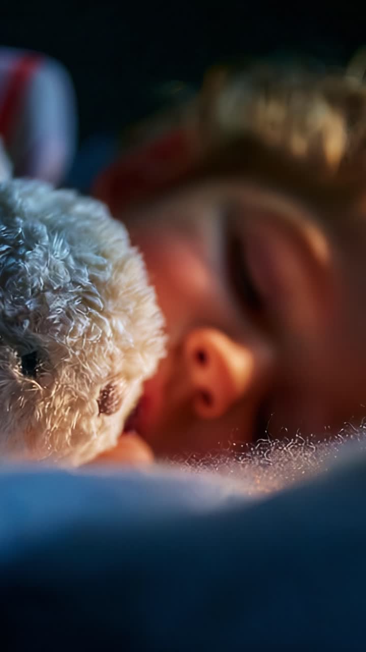 Un bambino che dorme beatamente abbraccia un morbido orsacchiotto, accoccolato comodamente nel letto, catturando un momento toccante di innocenza e tranquillità durante la notte