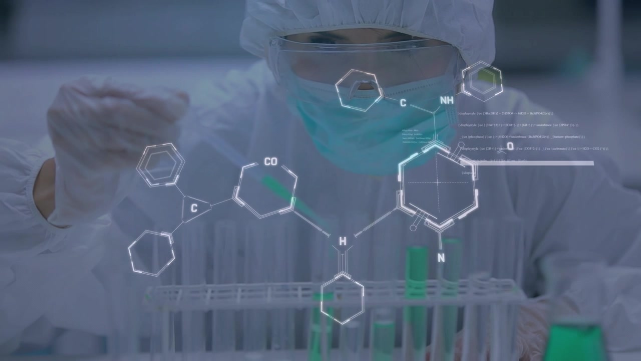 Lab tech reaching for pipette, pipetting into green caps tubes while AR nodes expanding over tubes