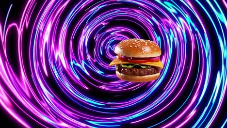 photorealistic cheeseburger rotating in swirling neon vortex, transforming from blue to purple against black background