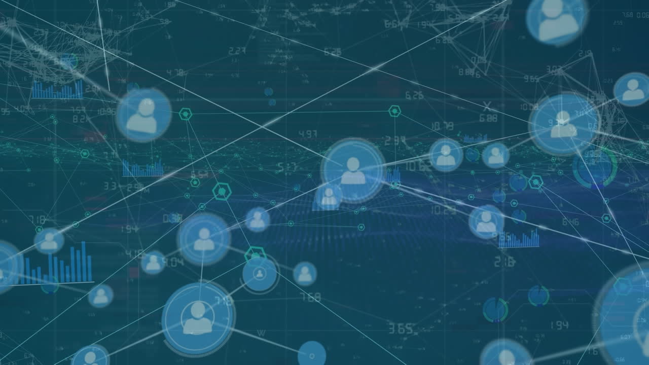 Animation of network of profile icons and data processing against blue background