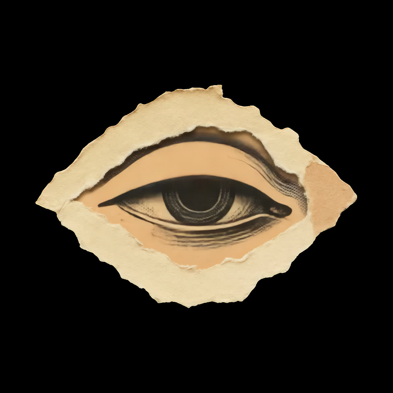 Artistic torn paper eye animation isolated asset, transparent 4K video, alpha channel, ProRes 4444