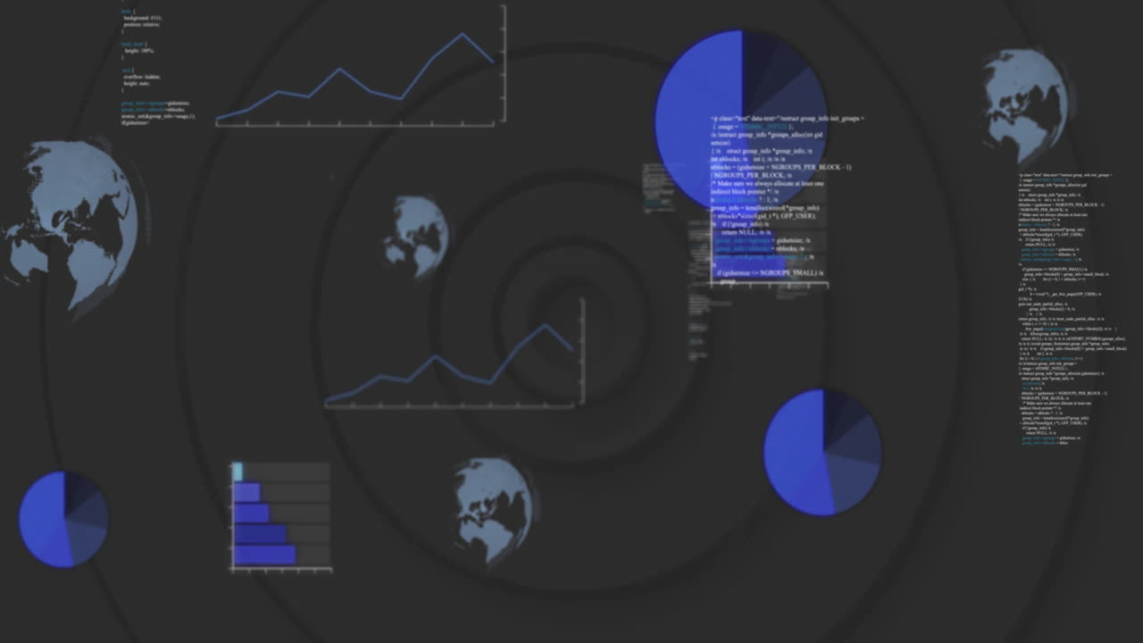 Composite flat dashboard being animated in scene, with blue pie charts, globe icons, code snippets