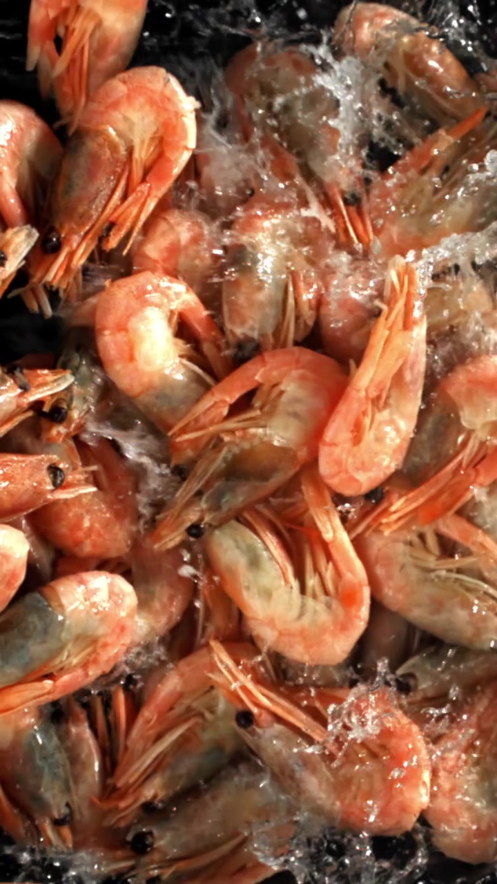 Cooked Shrimp Being Washed with Splashing Water in Slow Motion