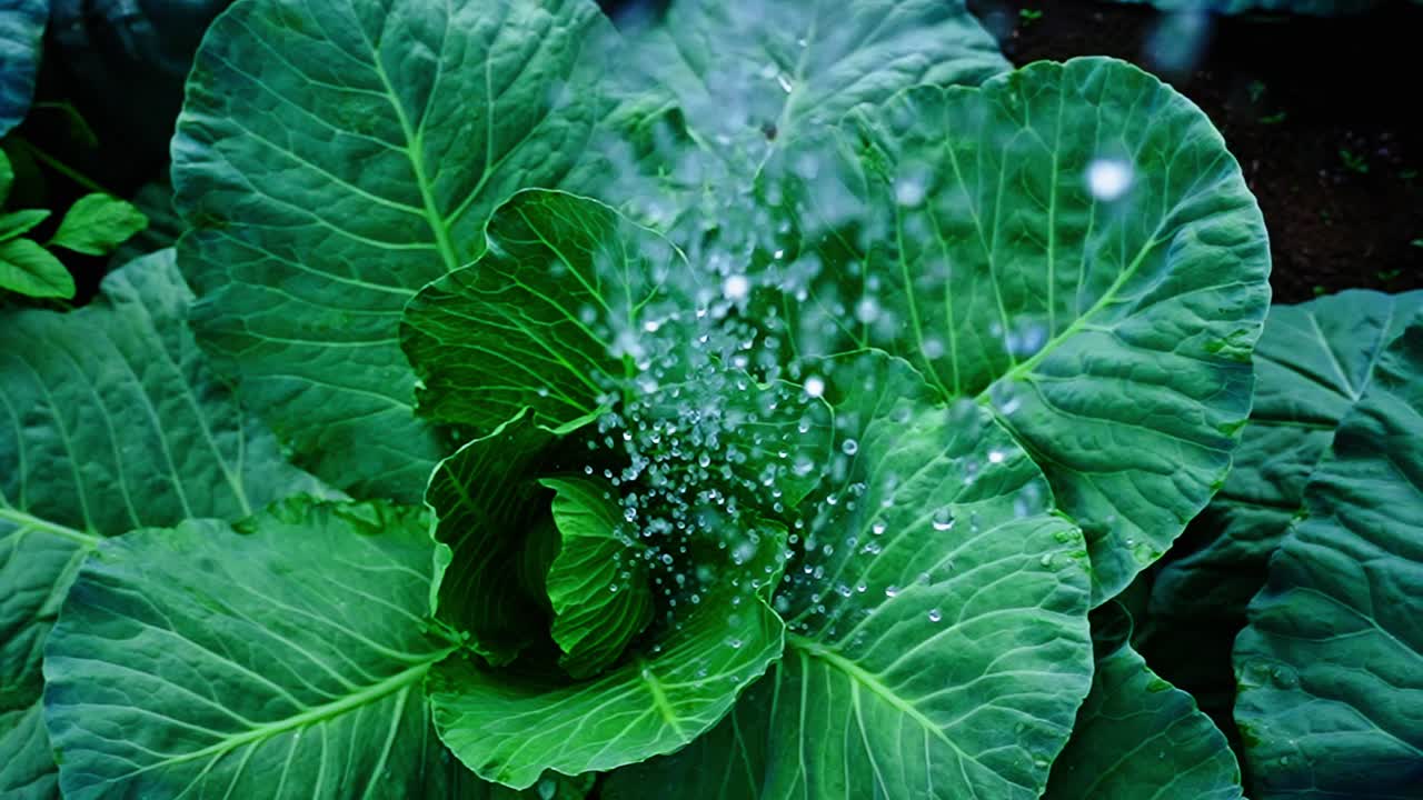 Water Droplets Falling on Fresh Green Cabbage Leaves