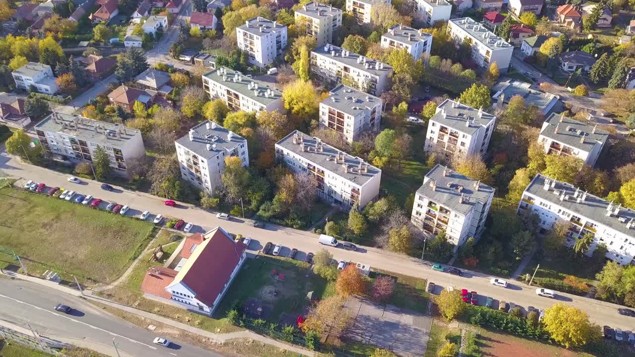 Aerial arrival part 2 drone shot of blocks of flats in a sub-urban area near Budapest, Hungary