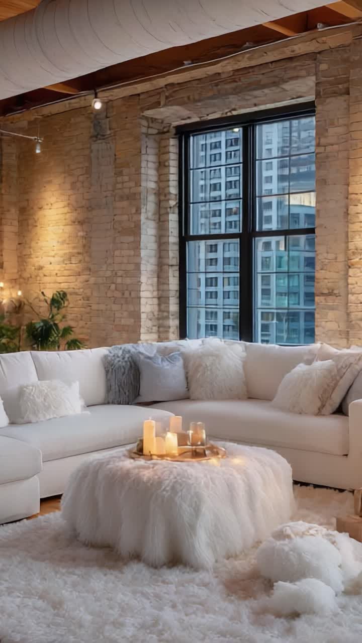 Soggiorno accogliente ed elegante con un divano bianco imbottito, tessuti morbidi e la luce calda di una candela che illumina uno spazio minimalista in legno