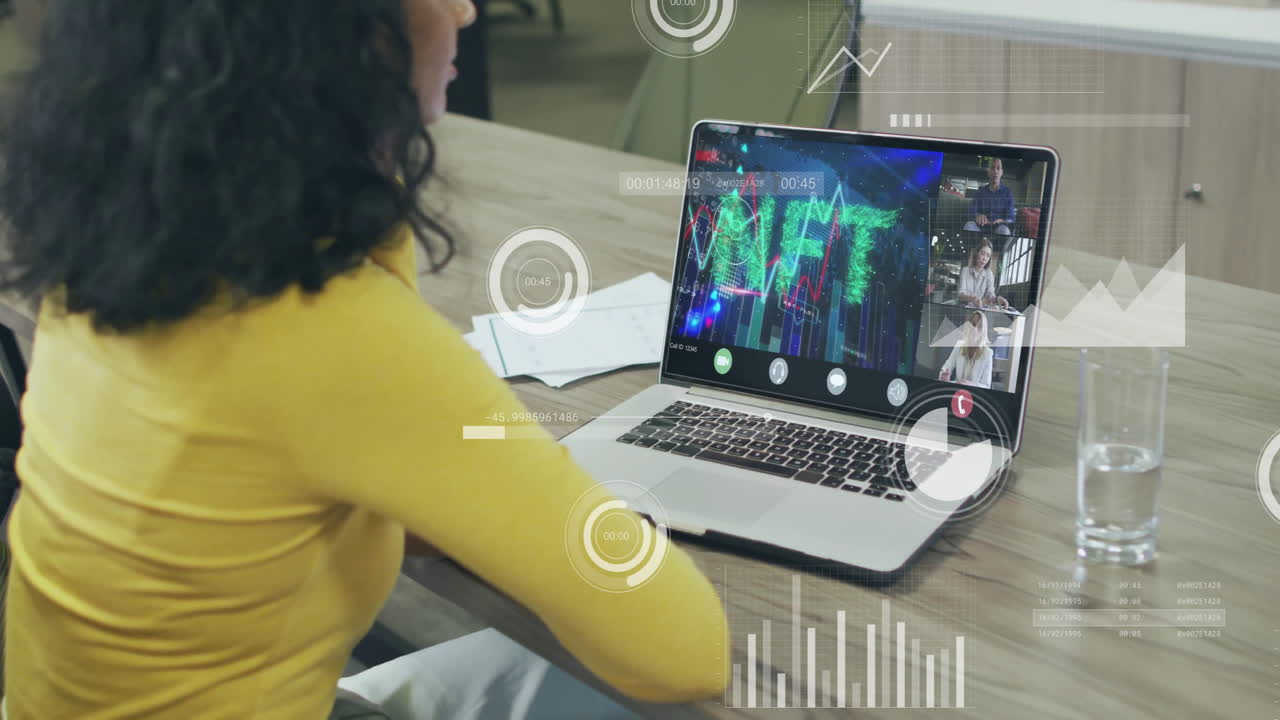 Animation of financial data processing over biracial businessman using laptop