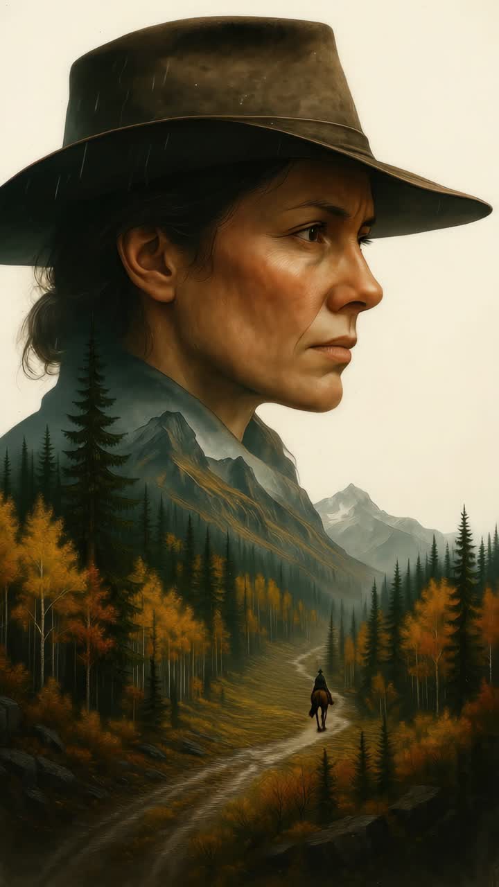 A cinematic video concept with a profile view of a woman in a hat, blended with a scenic mountain