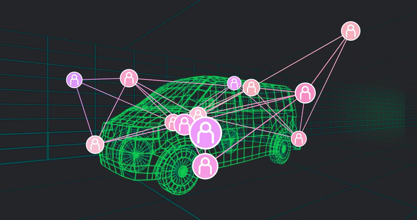 Opening on green wireframe car while pink icons appearing, purple node pulsing, showing data flow