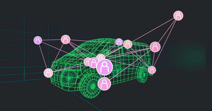 Opening on green wireframe car while pink icons appearing, purple node pulsing, showing data flow