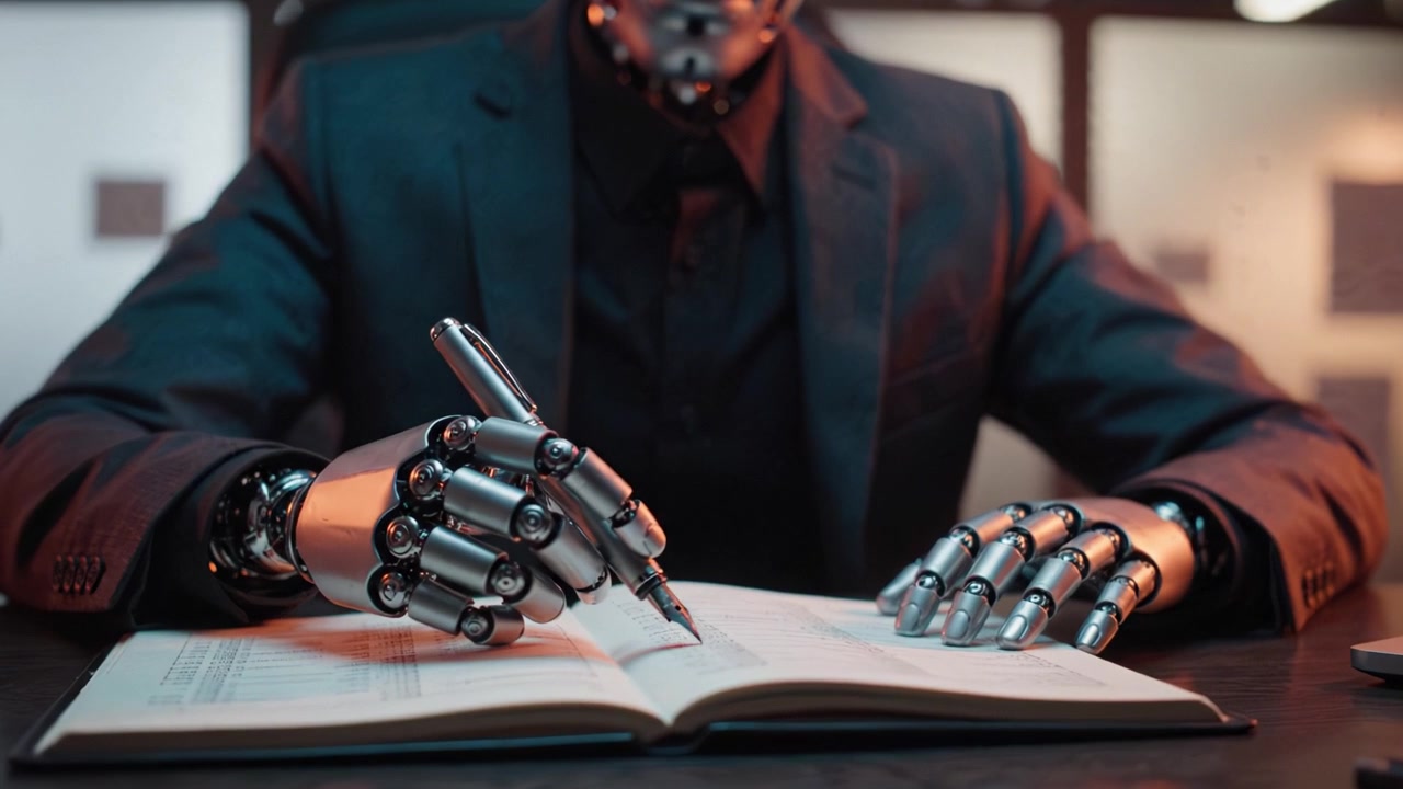 Una mano robotica futuristica che scrive su un quaderno, riflettendo la tecnologia avanzata e l'integrazione dell'intelligenza artificiale nelle attività quotidiane in un contesto professionale