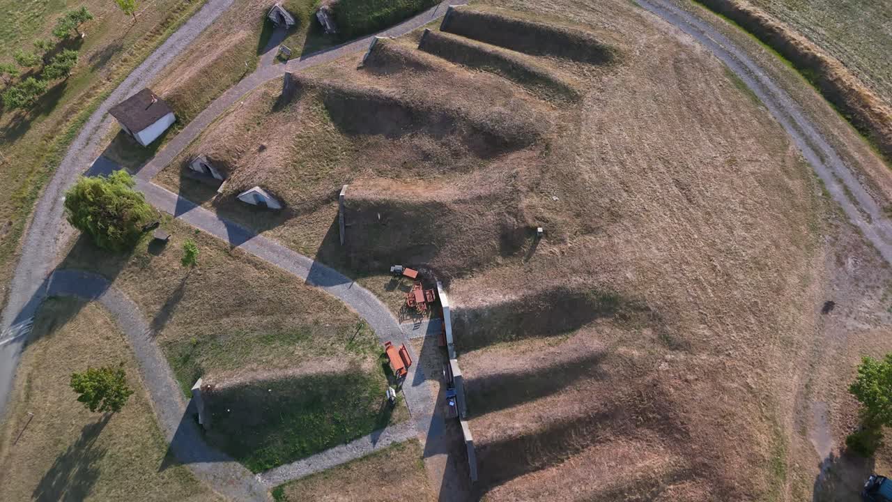 Tilt-down aerial view from the layout of the Kőporosi Pincesor cellar rows over the ground in Hercegkút, Hungary