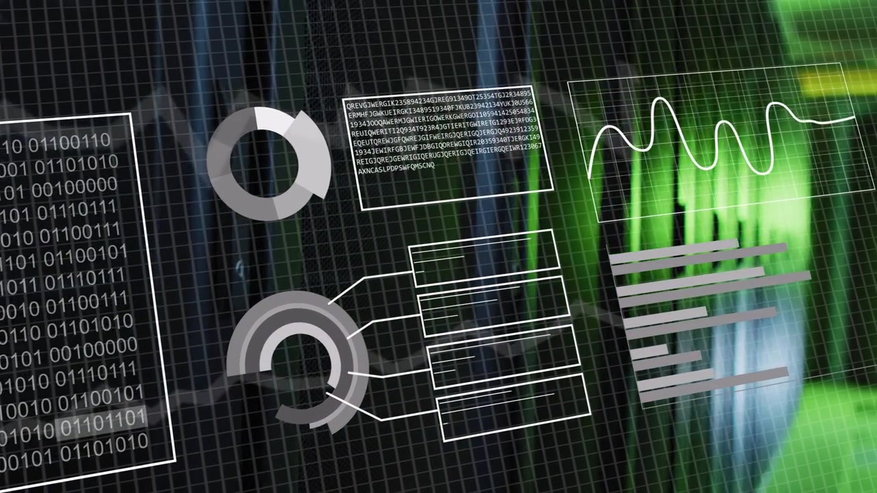 Translucent dashboard in data center receiving rack data, animating binary panel, gauges, waveform