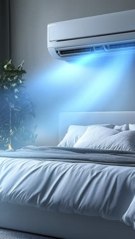 cozy ac bedroom in use. a modern bedroom showcases an air conditioning unit providing cool air on a warm day, enhancing comfort and relaxation.