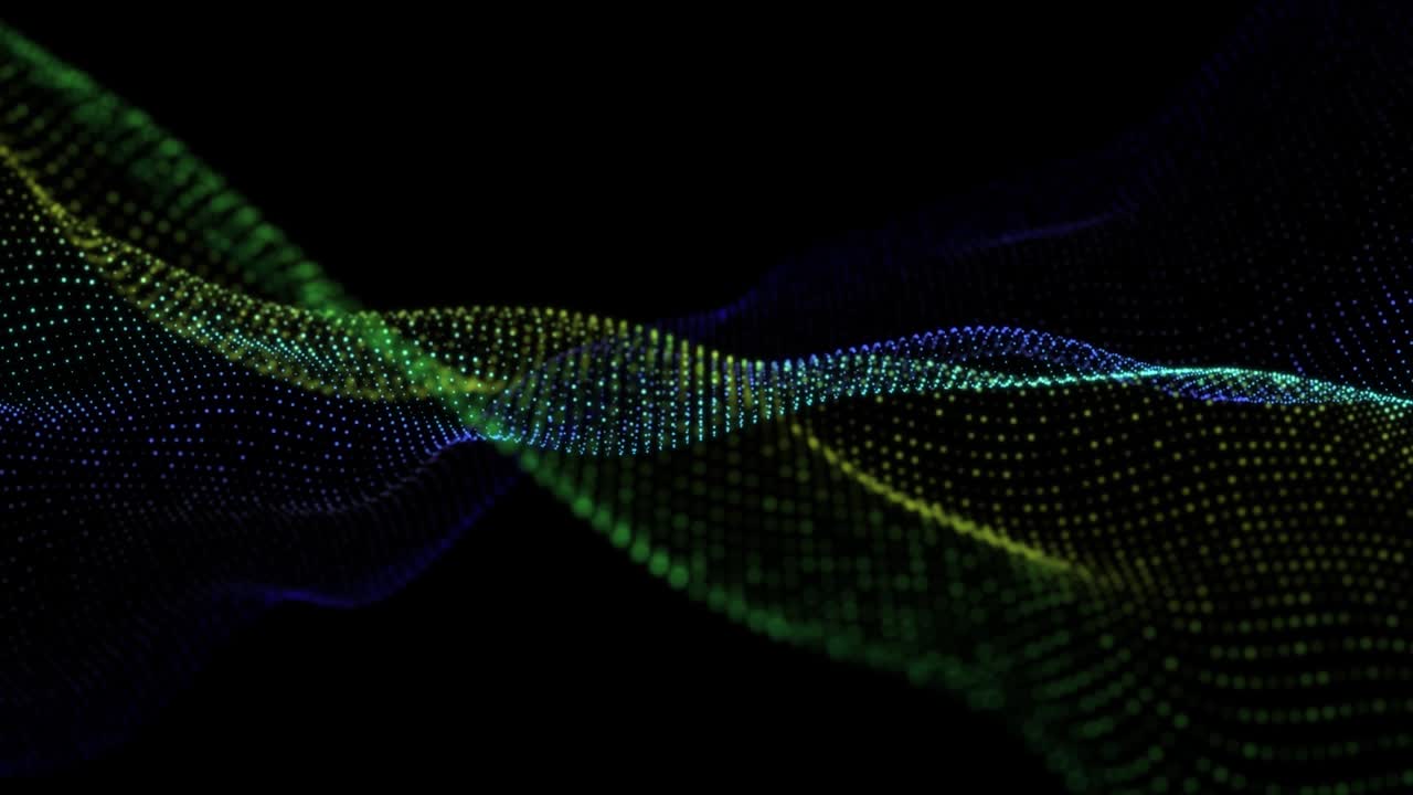 4K, Data movements of dust particles floating in infinity, Seamless Loop. Technology digital wave background concept.Beautiful motion waving dots texture with glowing defocused particles. Cyber or technology background. Multi Colored