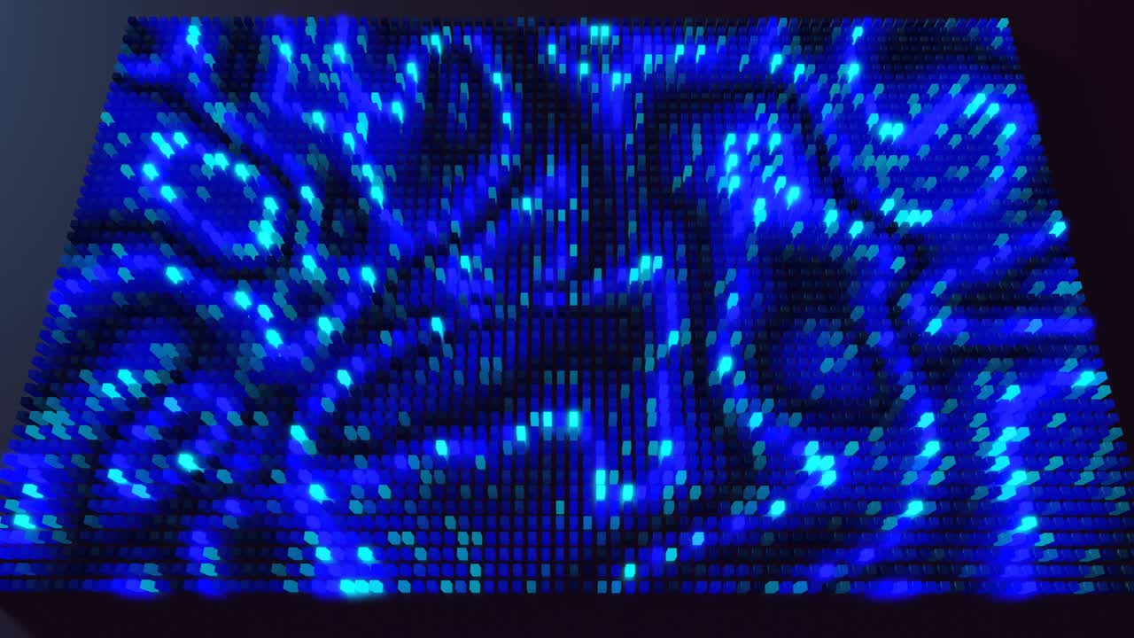 las ondas corren a través de píxeles. 3d abstracto fondo en bucle rendimiento moderno, muchos bloques grises forman pared o pantalla y se encienden patrón. bombillas comienzan a brillar azul formando patrón como guirnalda abstracta
