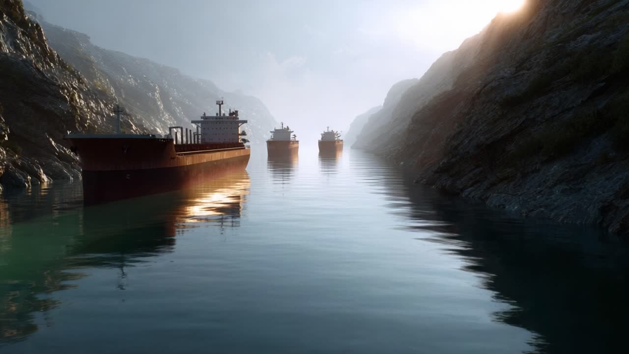 Store fragtskibe navigerer i en smal, klippefyldt vandvej. Sollyset gløder blødt gennem tågede bjerge. Roligt vand reflekterer fartøjernes silhuetter og stenklipper. Ideel til rejser, logistik.