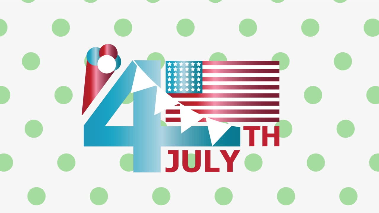 animación del 4 de julio banner de texto contra diseños de patrones de manchas verdes en fondo blanco.
