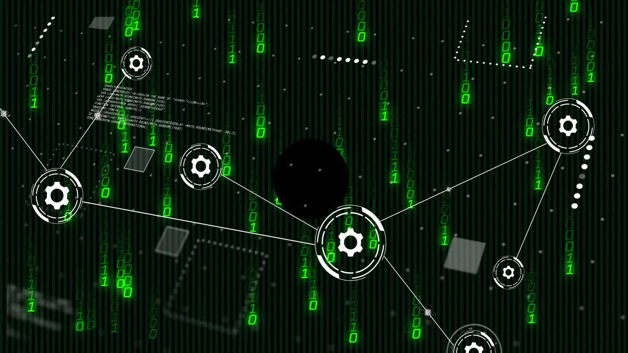 código binario y animación de engranajes sobre fondo de matriz digital verde