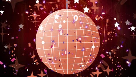 Animation-of-white-christmas-stars-and-pink-new-year-confetti-with-pink-mirror-ball-on-black