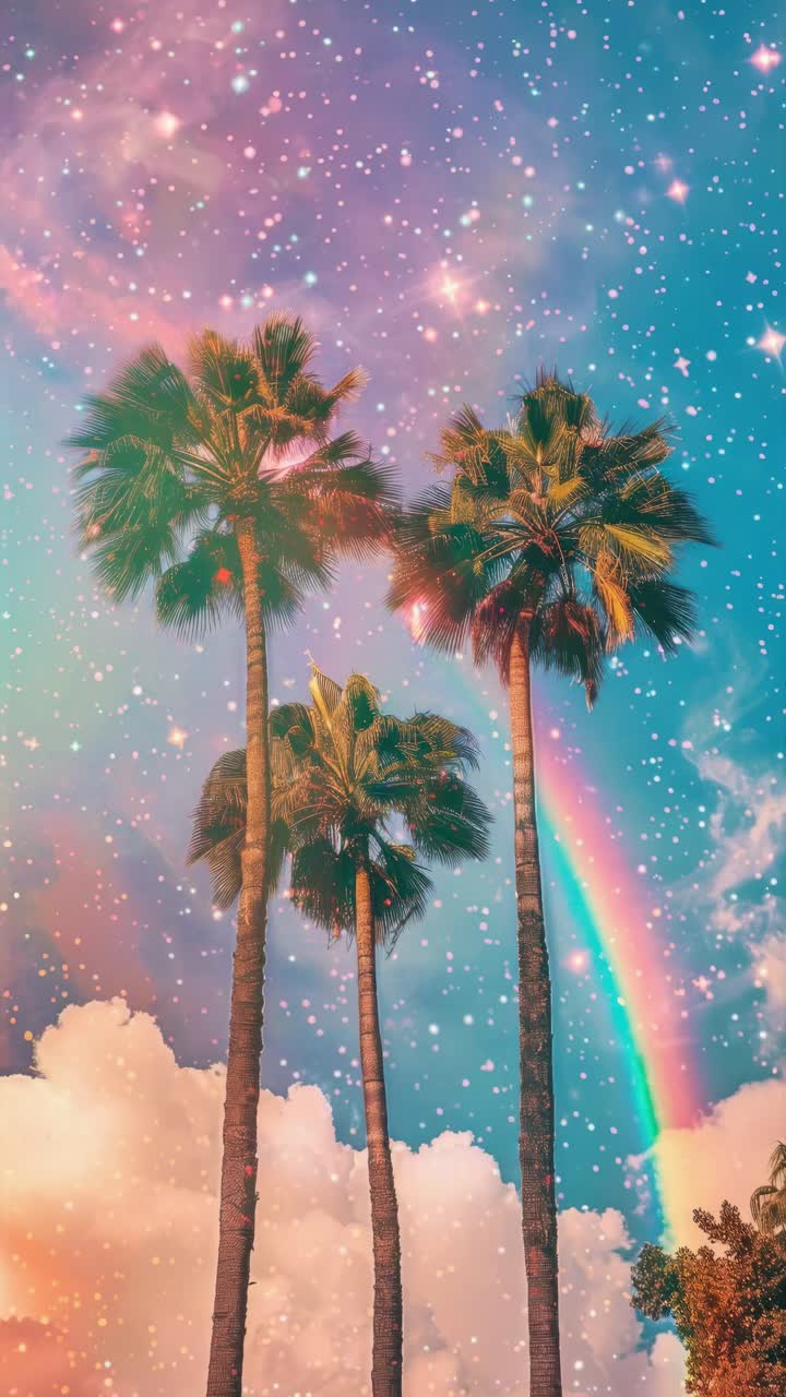 Low-angle shot of palm trees under a starry sky with a rainbow, creating a dreamy, surreal