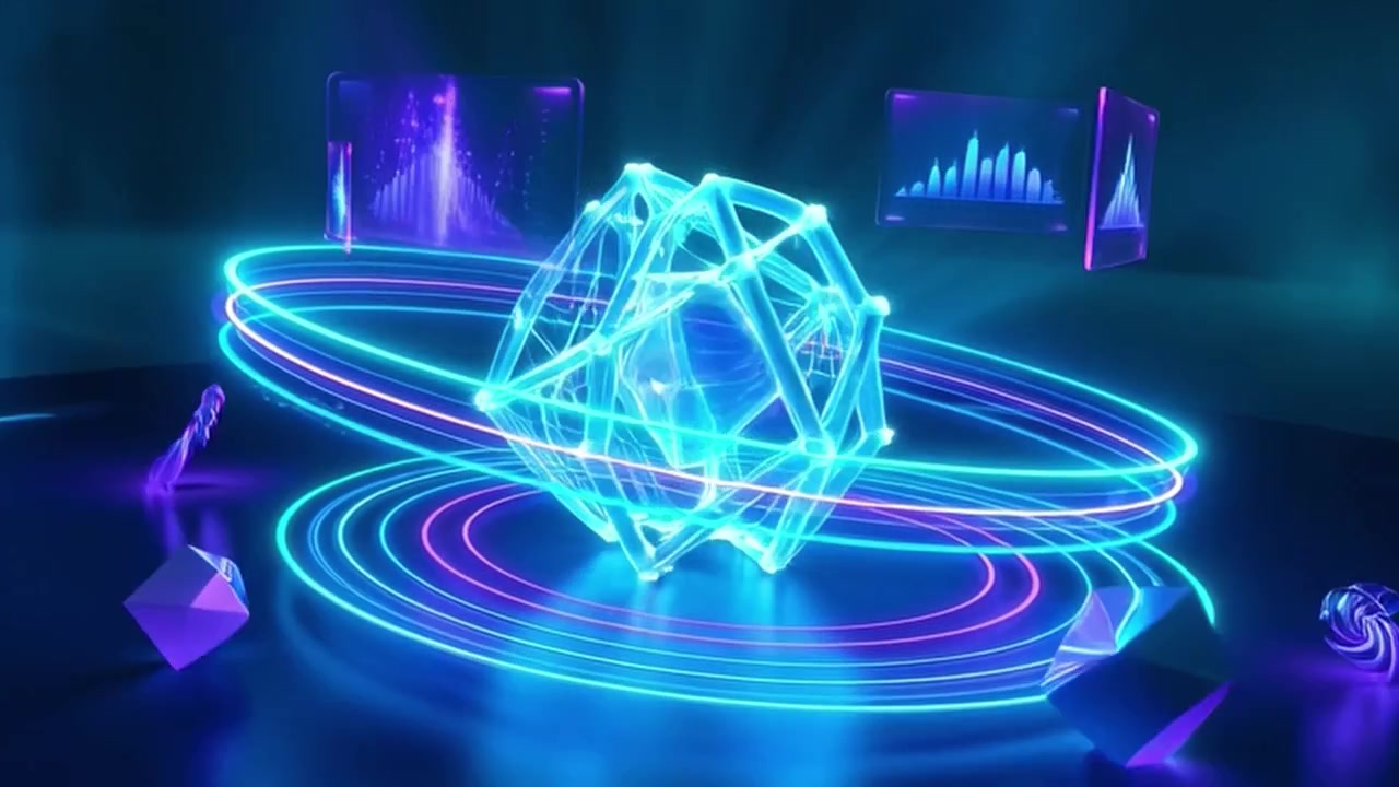Futuristic Glowing Geometric Structure Rotating with Data Visualization