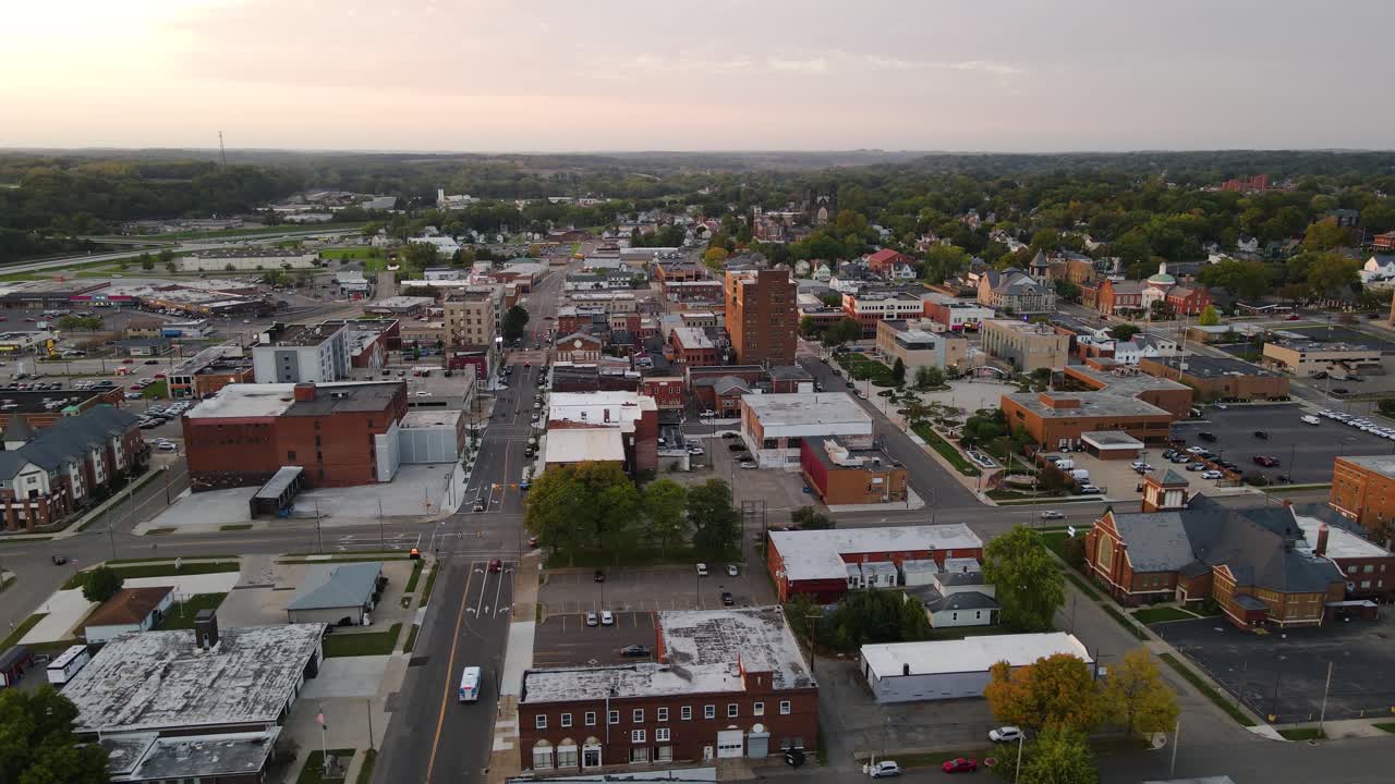 Aerial View of a Small Town at Sunset