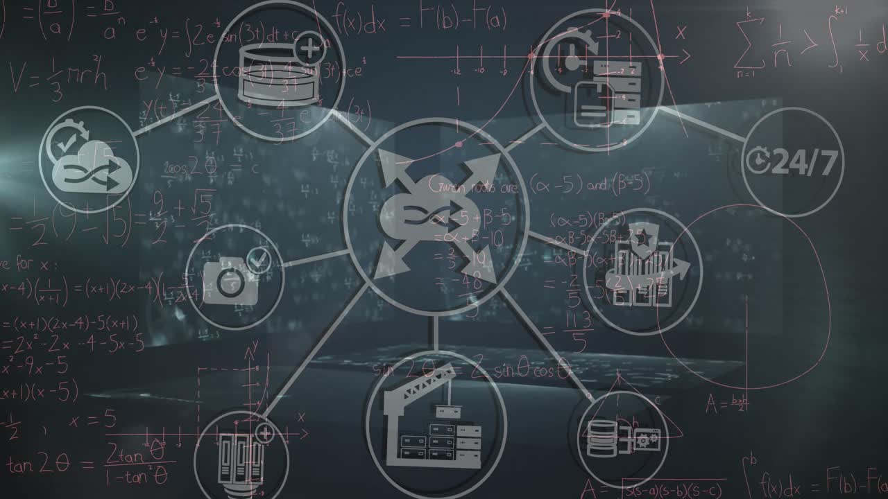 Animation of network of connections with icons over mathematical equations on black background