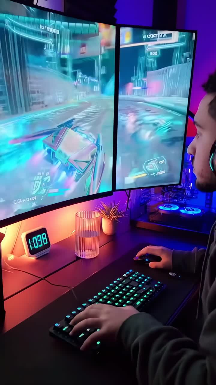 Angolazione laterale di un giocatore concentrato su un videogioco, luci al neon che creano un'atmosfera coinvolgente