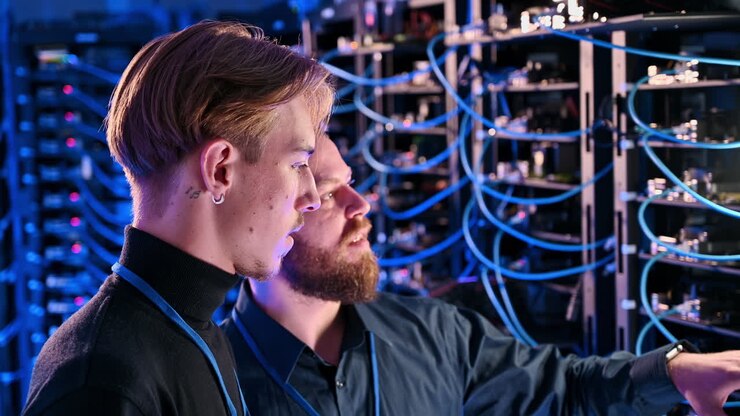 Two men analysing data in a server room