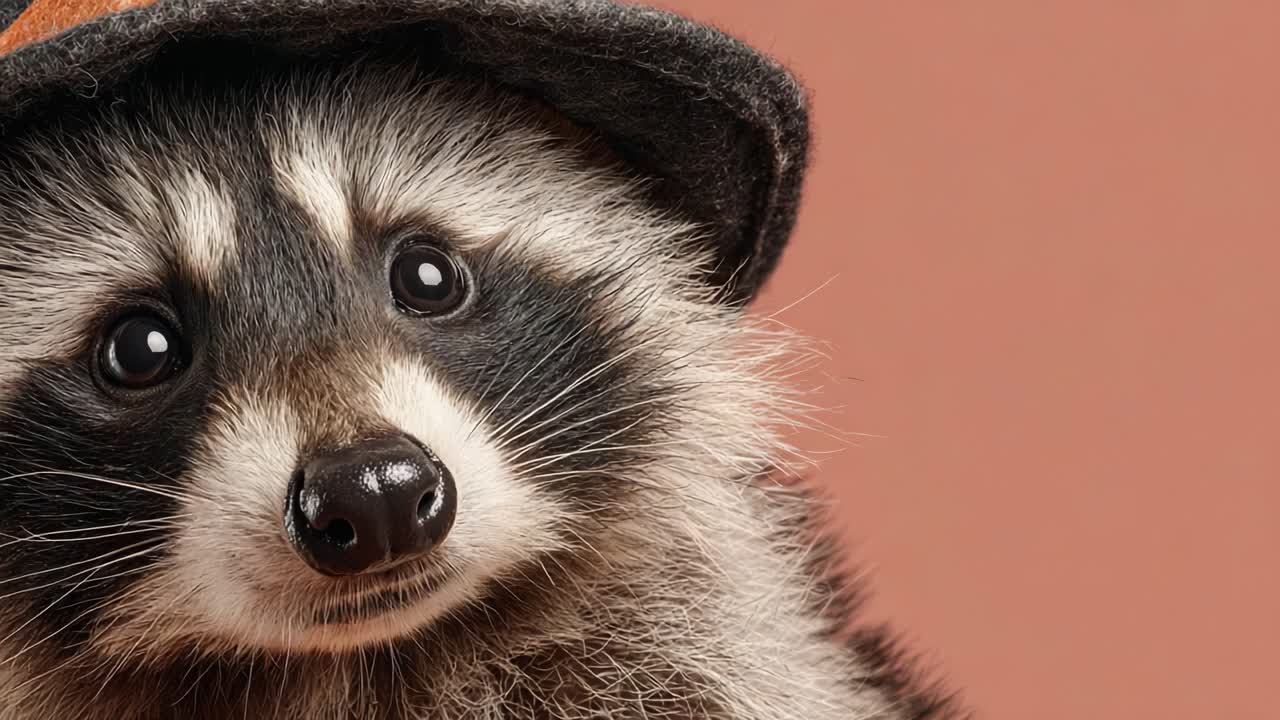A Charming Raccoon with a Stylish Hat Poses for the Camera Against a Soft Pink Background, Showcasing Its Playful Expression and Adorable Features